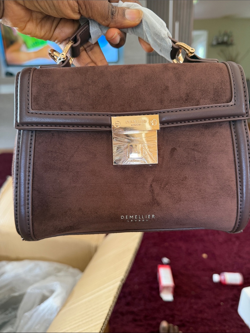 DeMellier Brown Suede Mini Top-Handle Bag with Gold Hardware